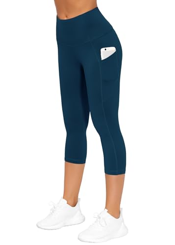 Image of THE GYM PEOPLE Thick High Waist Capris Yoga Pants with Pockets, Tummy Control Workout Running Yoga Leggings for Women