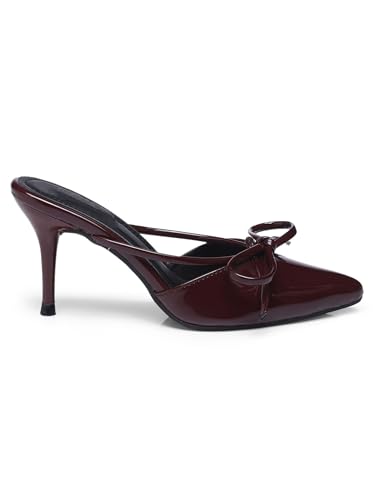 Image of Women's Wine Red Patent Leather Stiletto Heels Pointed Toe High Heel Pumps with Stylish Bow Elegant Dress Shoes for Party or Wedding
