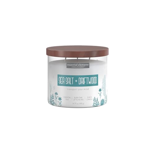 Candle-lite Essential Elements Scented Candles Sea Salt & Driftwood 14.75 oz Jar Proudly Poured in the USA Aromatherapy 3-Wick with 45 Hours of Burn Time Perfect for Creating a Relaxing Ambiance