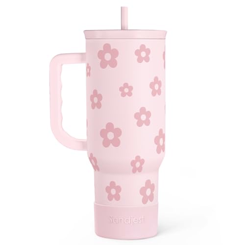 Image of Floral Tumbler with Handle and Straw 40oz Stainless Sleel Slider Tumbler Travel Coffee Mug for Women - Gift Idea for Birthday Christmas