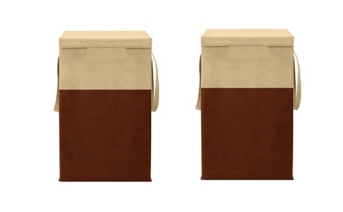 Image of Non Woven Printed Rectangular Foldable Laundry Bag | Lid And Handle Clothes Storage Organiser For Bedroom Dorm Closet Utility Container | 75L Laundry Basket Pack Of 2 | Beige Brown