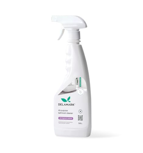 DELAMARK Spray do czyszczenia łazienki, usuwa osad z mydła i kamień, do akrylu, ceramiki, chromu, emalii, plastiku i stali nierdzewnej, naturalny zapach Trawa cytrynowa i werbena, 500 ml, Eko Produkt