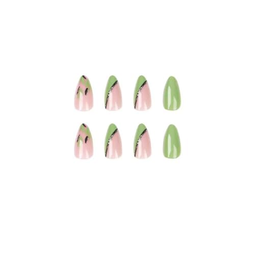 Image of Green Press on Nails Medium Almond Fake Nails with Design Green Leaf Glue on Nails Cute False Nail Glossy Nail Tips Full Cover Acrylic Stick on Nail for Women Girls Manicure 24PCS