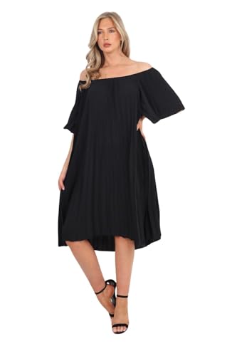 STAR FASHION Off the Shoulder Pleated Dress for Womens Tunic Midi Evening Dress Ladies A-Line with Bardot Short Sleeve Italian Made One Size Black