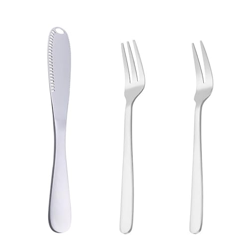 1 cuchillo de mantequilla multifuncional y 1 tenedor de dos puntas y 1 tenedor de tres puntas, cuchillos de mantequilla de acero inoxidable, utensilios de cocina, adecuados para uso en la cocina