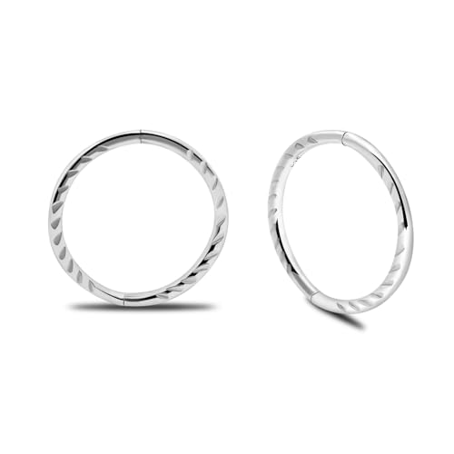 925 Sterling Silver Seamless Diamond Cut Twist Sleeper Hoop Earrings - Hypoallergenic 18G Hinged Hoops for Continuous Wear (8mm to 14mm) - Unisex Women Men Body Jewelry for Ears