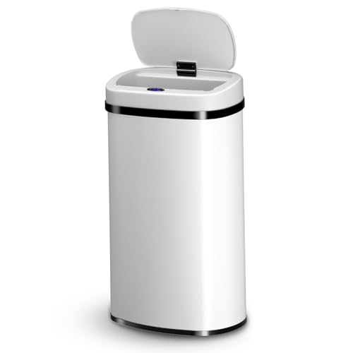 Juskys Mülleimer Küche mit Bewegungssensor Weiß 60L - Eckiger Abfalleimer mit Klemmring für Müllbeutel - Rostfreier Stahl - Kontaktloses Entsorgen