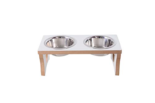 Comedouro Duplo Elevado Gato Mdf Branco Tx - Potes Inox