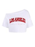 Hilinker Womens Off Shoulder Crop Tops Short Sleeve Graphic Tee Loose Casual T Shirt White Red Los Angeles X-Large