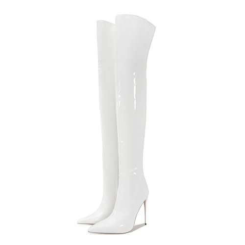 Image of Thigh high boots for women striped Back zipper Burgundy Zebra Print Over the knee Sexy gold white pointed toe Cow Print leopard Magenta stiletto heel