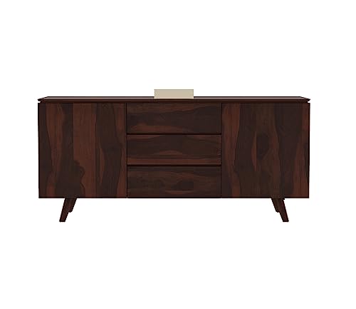 Image of Solid Sheesham Wood Wooden Sideboard Storage Cabinet & Chest of Drawer : Ideal for Living Room and Bedroom with 3 Drawers and 2-Shelf Storage(Hamlet, Walnut Finish)