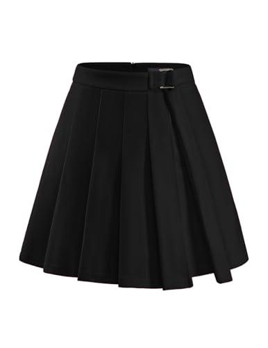 bridesmay Damen Minirock mit Falten, Plissee Tennis Skaterrock mit verstellbarem Bindegürtel für Schule, Party, Freizeit Black XL