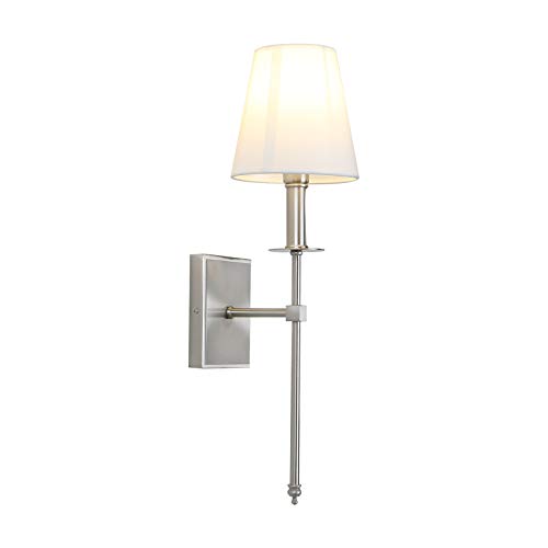 Permo Single Classic Rustic Industrial Wall Sconce Lighting Fixture with Flared White Textile Lamp Shade and Brushed Tapered Column Stand