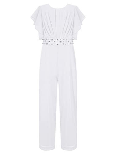 Yizyif Girl's Ruffle Cap Sleeve Long Pants Summer Jumpsuits Belted Wide Leg Casual Birthday Party Romper Ivory 14 Years #TOP13