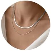CHESKY Sterling Silver Necklace for Women Snake Chain Necklace Herringbone Necklace Gold Choker Necklaces for Women Girl Gifts Jewelry 1.5/3/5MM(W) 14"/16"(L) (layer 3mm&1.5mm Silver)
