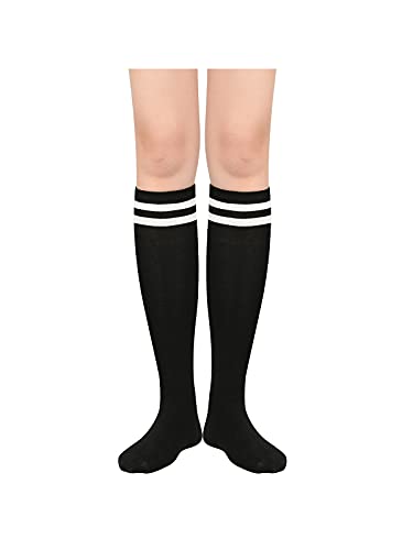 Century Star Women's Knee High Tube Socks Casual Thin Thigh Long Three Stripes Stockings for Sport 1 Pair Black White One Size