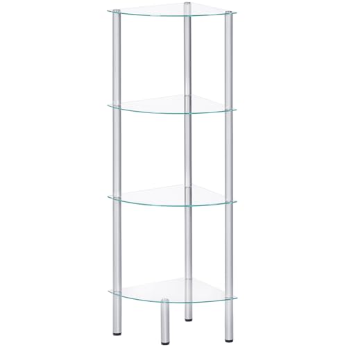 HOOBRO Corner Shelf, 4-Tier Standing Shelf Unit, Freestanding Glass Bathroom Shelf, Space Saving, Modern Style, for Bathroom, Living Room, Bedroom, Study Room, Silver SV06CJ01