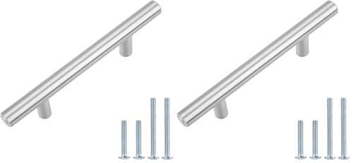 Image of Amazon Basics Euro Bar Cabinet Handles, Drawer Pulls, Kitchen Cabinet Hardware, 5.38-inch Length, 3-inch Hole Center, 1 /2-inch Diameter, Satin Nickel, 50-Pack