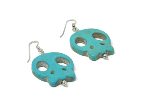 Boucles d'oreilles pendantes tête de mort turquoise en argent massif 4,5cm
