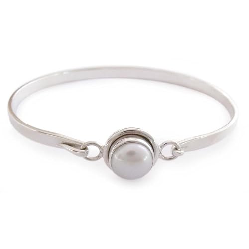 NOVICA Artisan Handcrafted Pearl Bangle Bracelet Indian Sterling Silver White Birthstone [7 in Inner Circ. x 1.2 in W Pendant(s) 0.5 in L x 0.5 in W x 0.3 in D] ' Aesthetic Moon'