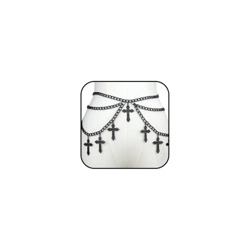 Silver Cross Waist Chain Belt for Women Adjustable Black Body Chain Belt Trendy Tassel Cross Belly Chain Belt Long Metal Link Chain Belt Punk Body Jewelry (layered black)