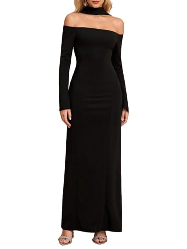 Elegant Off Shoulder Maxi Dress Long Sleeve with Attached Scarf