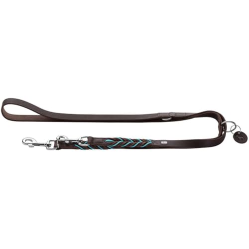 HUNTER Verstellbare Führleine SOLID Education Cord, Farbe: Dunkelbraun/türkis, Handgeflochten, 3-Fach verstellbar, Robustes Rindsleder mit Kontrastseil und Lederanhänger, Größe: 20/200