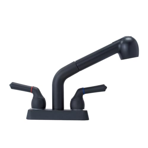 JS Jackson Supplies Dual Handle Pull Out Faucet, Black Finish, 4 Inch Center Set, Universal Utility Sink or Laundry Tub ABS Plastic Faucet with Spray Setting