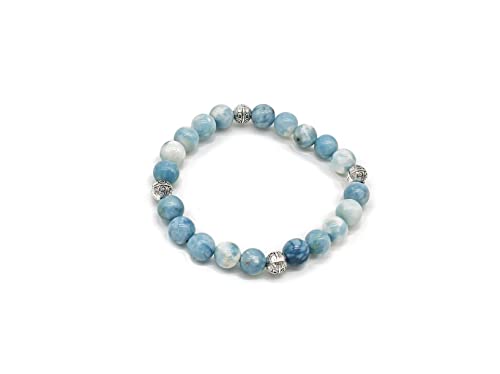 Bracciale Azteco Unisex in Larimar, con Sfere in Metallo, Pietre Dure, Elastico 19cm, Fatto a Mano