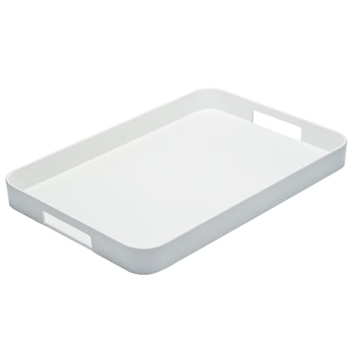 Bzyoo 11.5 x 16 Inch Large Rectangle Stackable Melamine Serving Tray with Handles – Minimalist Design, Multi-Purpose and Durable, BPA Free– Perfect for Kitchen, Dining, and Entertaining - White