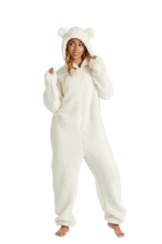Image of Womens Kids, Girls Full Length Sherpa Fleece All in One Hooded Onesie, Jumpsuit, Cream, X Large