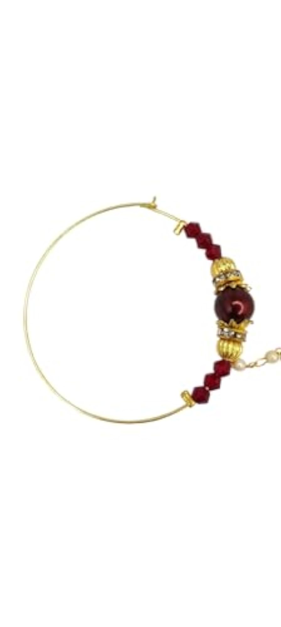 Traditional Gold-Toned Nose Ring Set with Pearl Chain & Maroon Crystal Beads
