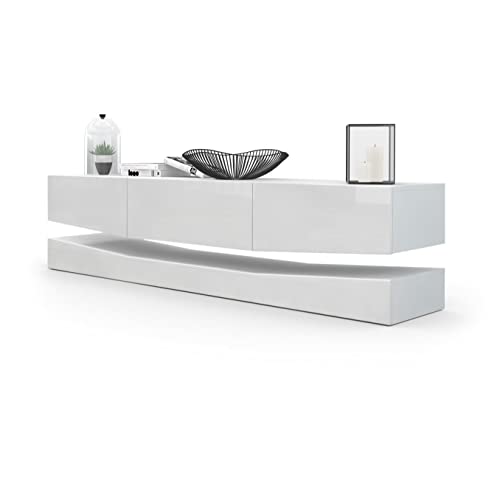 Vladon Buffet Bas City, Meuble TV avec Socle, 1 Compartiment Ouvert et 3 tiroirs, Blanc Mat/Blanc Haute Brillance (178 x Variable x 39 cm)