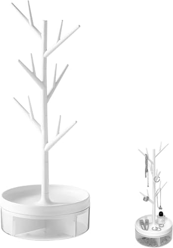 Scatola portaoggetti per albero a torre da appendere, espositore per gioielli bianco, con corna, con cassetto, supporto per gioielli con base girevole e scatola portaoggetti, scaffale per esposizioni