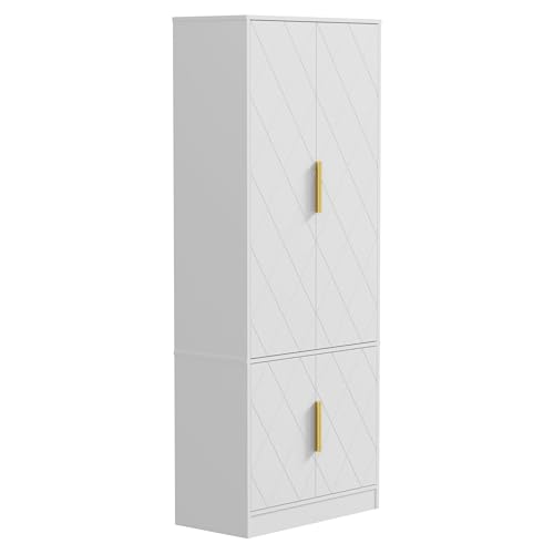 UEV Buffet Salle à Manger Haute 150 cm, Vaisselier Cuisine Haute à 4 Portes, 5 Étagères Réglables, Motif en Ligne, Manche Doré, pour Cuisine, Chambre,...