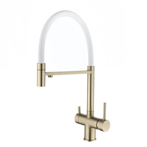 XJTNLB Robinet Cuisine 3 Voies avec Douchette Bec Flexible Mitigeur Evier avec Douchette Or Brossé+Blanc Mélangeur de Cuisine