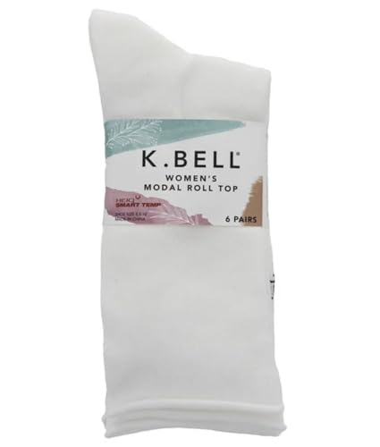 K. Bell Women's Modal Roll Top Socks, 6 pairs, Assorted Solid Colors, Fits Shoe Sizes 5.5-10
