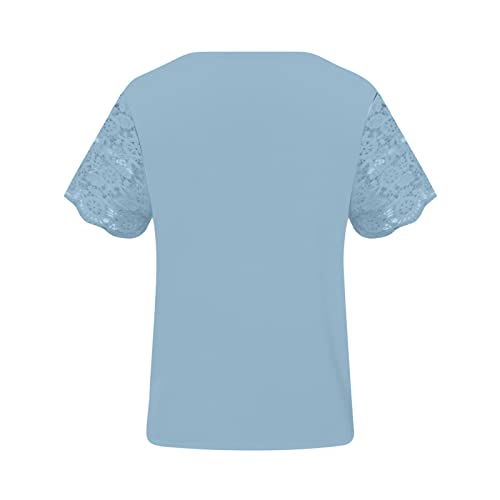 Womens Lace Trim V-Neck Summer Tops Patchwork Short Sleeve T-Shirt Basic Top Casual Solid Color Tunic Shirts Outfits #TOP4