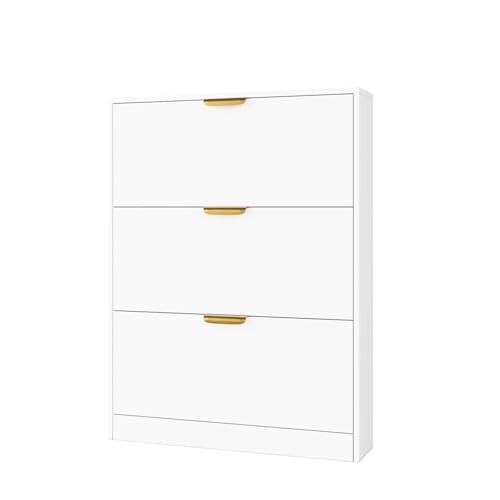 VOWNER Schuhschrank mit 3 Klappen, Schuhregal Schuhkipper Schmal, Schuhschrank Weiss, 80 x 17 x 108 cm, für Eingangsbereich, Flur
