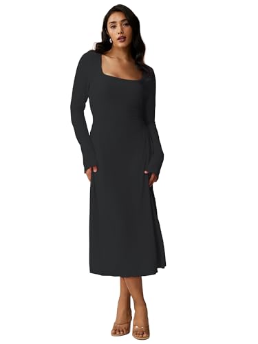 Image of Shasmi Women's Square Neck A-Line Dress - Long Sleeve, Tie Waist, Knitted Stretchable, Casual & Office Outfit, Solid Winter Midi Dress for Women (Dress 221)