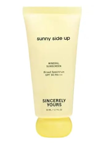 Sincerely Yours Sunny Side Up Mineral Sunscreen, SPF 30 PA+++, Broad Spectrum, 100% Zinc Oxide, Hydrating with Hyaluronic Acid and Ceramides, 60 mL