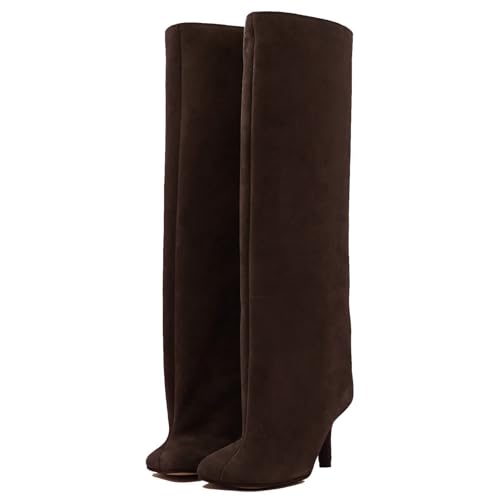 Women's Knee High Boots Nude Suede Wide Calf Stiletto Long Boots Pull On High Heel Riding Boots Fahion Dress Fall Tall Boots