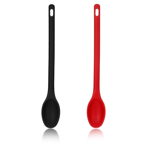 Shimmeroo Cucchiai in silicone con manico lungo, cucchiai da mescolare in silicone per cucinare e servire e mescolare (rosso e nero)