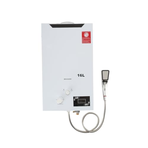 Preisvergleich Produktbild ECUTEE Flüssiggas Gas Durchlauferhitzer 16L 32KW LPG Warmwasserbereiter, Tankless Instant Heißwasserbereiter mit Regenduschkopf und Duschschlauch, für Outdoor Camping Baden RV-Dusche, Weiß