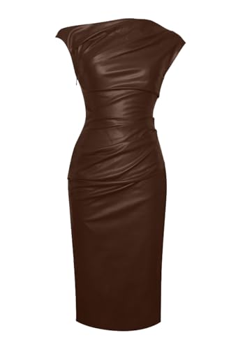 Memoriesea Women's Faux Leather One Shoulder Bodycon Hem Split Party Club Midi Dress Brown