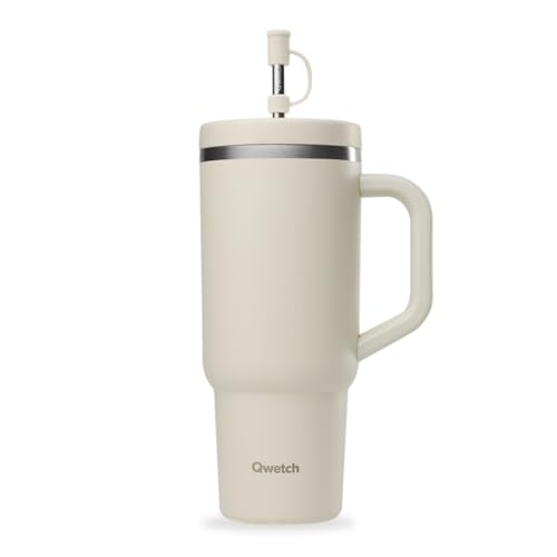 QWETCH - Travel Cup 900ml avec Paille &amp; Anse - 48h Glacé / 12h Froid - Gourde Isotherme Inox Recyclé - Mug avec Bouchon à Vis Anti-Éclaboussures - Tasse Thermo - Sable