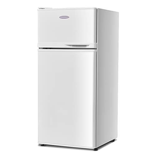 residential refrigerator - Hysache Double Door Compact Refrigerator, Mini Fridge with Top Door Freezer& Adjustable Temperature, Electric Food Storage with Removable Shelves for Bedroom, Dorm, Apartment, Office (White)