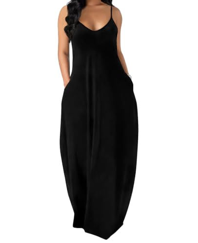 OFEEFAN Maxi Dresses for Women 2026 Summer Dress Outfits Women Beach Fashion Spaghetti Strap Wedding Guest Dress Black Dresses L