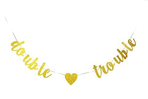 zxyxka Double Trouble Gold Glitter Banner for Twins Baby Shower Party Sign, Baby Twins' Birthday Party Pregnancy Announcement Party Photo Props Decoration