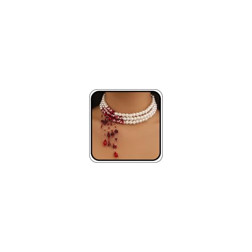 Blood Pearl Beaded Layered Choker Necklace for Women Gothic Vampire Stacked Pearl Statement Necklaces Goth Layering Dripping Bloody Beads Jewelry Gifts (White-1)